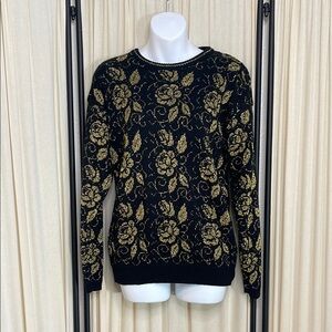 VINTAGE- Koret Black and Gold tinsel Floral Sweater size small